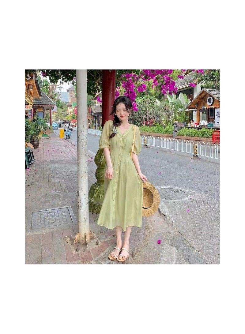 1-Piece V-Neck Waist Fitting Dress,High Waisted Sweet Summer Skirt,Size S,Colour Green - Image 1