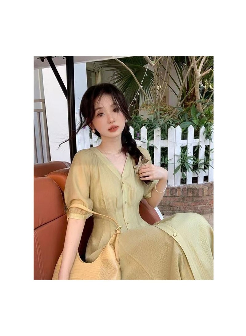 1-Piece V-Neck Waist Fitting Dress,High Waisted Sweet Summer Skirt,Size S,Colour Green - Image 4