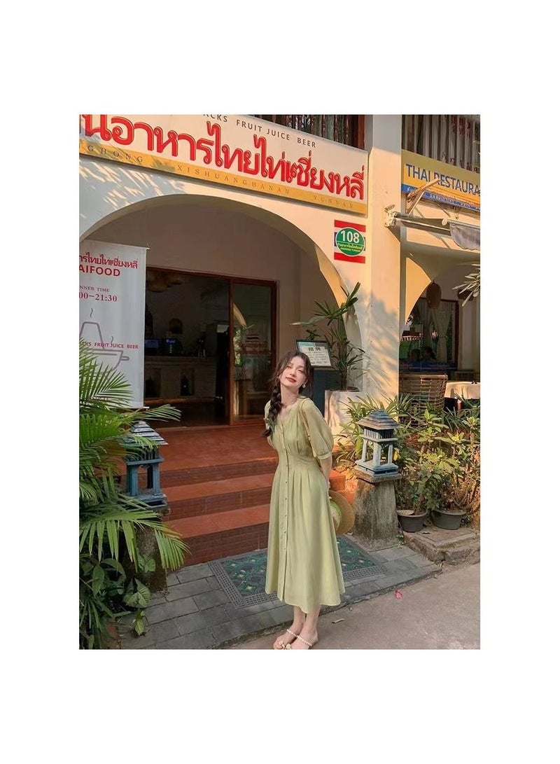 1-Piece V-Neck Waist Fitting Dress,High Waisted Sweet Summer Skirt,Size S,Colour Green - Image 5