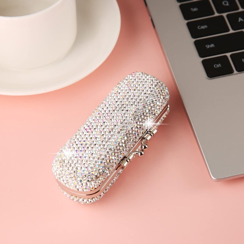 AsAlways Shiny Rhinestone Crystal Portable Lipstick Case with Mirror Portable Bling Diamonds Makeup Cosmetic Storage Holder for Travel Ladies Fashion (Silver) - Image 3