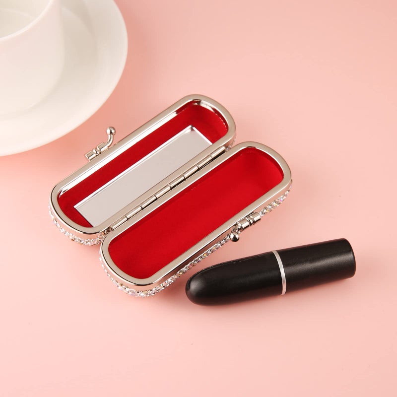 AsAlways Shiny Rhinestone Crystal Portable Lipstick Case with Mirror Portable Bling Diamonds Makeup Cosmetic Storage Holder for Travel Ladies Fashion (Silver) - Image 4