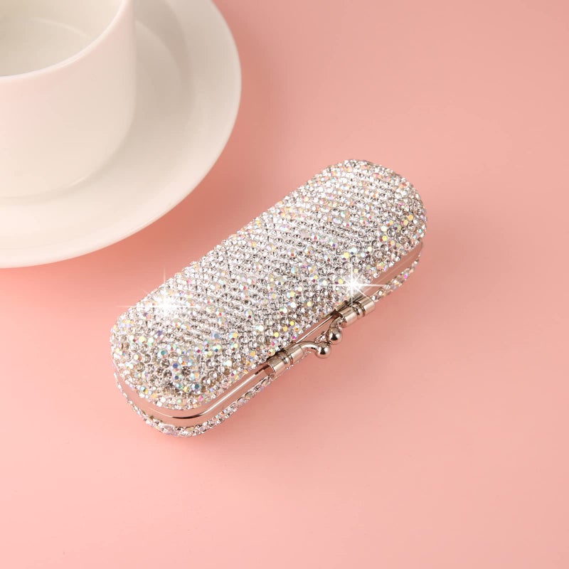 AsAlways Shiny Rhinestone Crystal Portable Lipstick Case with Mirror Portable Bling Diamonds Makeup Cosmetic Storage Holder for Travel Ladies Fashion (Silver) - Image 5
