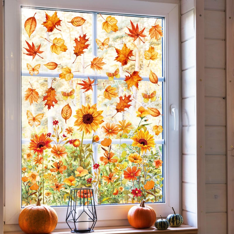 Whaline 6 Sheets Thanksgiving Fall Floral Window Clings Watercolor Maple Leaves Sunflowers Window Decals Double-Sided Window Stickers for Autumn Harvest Home School Office Party Supplies Gifts - Image 2