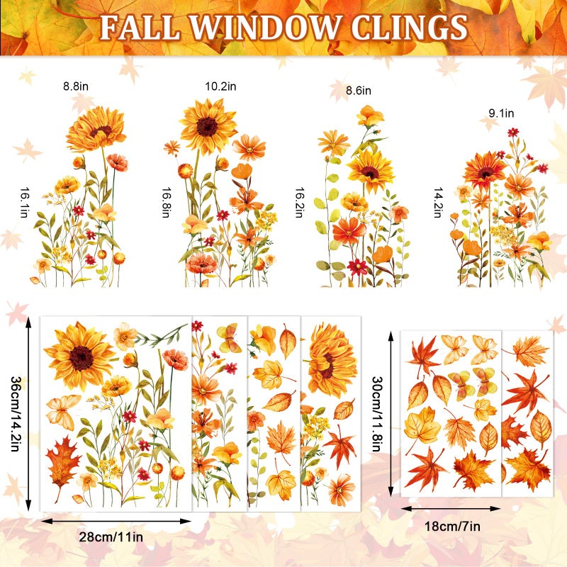 Whaline 6 Sheets Thanksgiving Fall Floral Window Clings Watercolor Maple Leaves Sunflowers Window Decals Double-Sided Window Stickers for Autumn Harvest Home School Office Party Supplies Gifts - Image 5