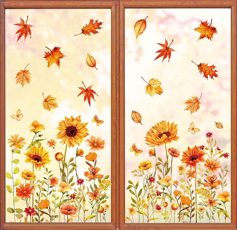 Whaline 6 Sheets Thanksgiving Fall Floral Window Clings Watercolor Maple Leaves Sunflowers Window Decals Double-Sided Window Stickers for Autumn Harvest Home School Office Party Supplies Gifts - Image 1
