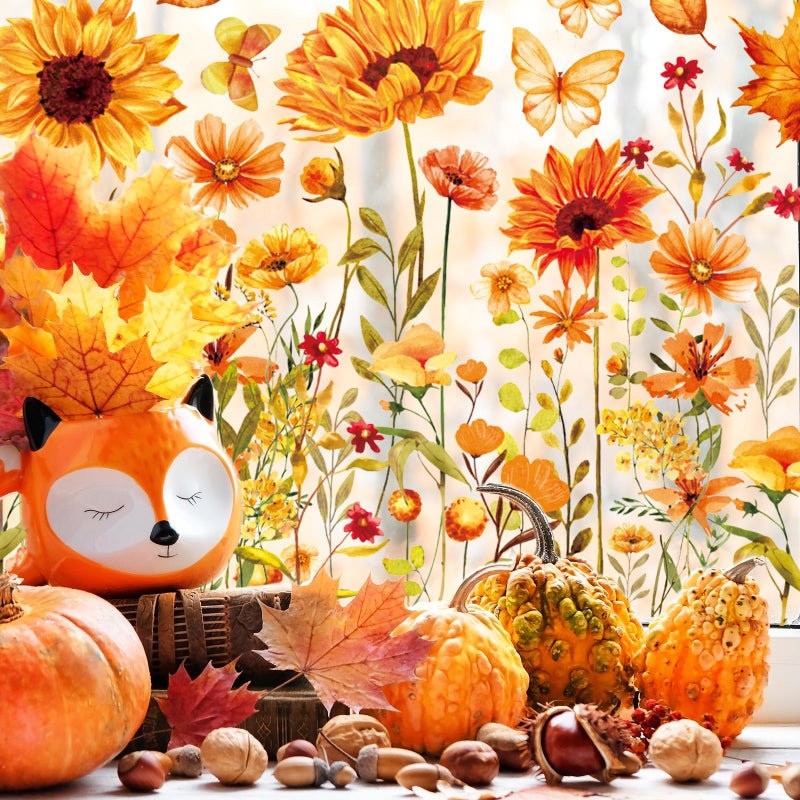 Whaline 6 Sheets Thanksgiving Fall Floral Window Clings Watercolor Maple Leaves Sunflowers Window Decals Double-Sided Window Stickers for Autumn Harvest Home School Office Party Supplies Gifts - Image 4