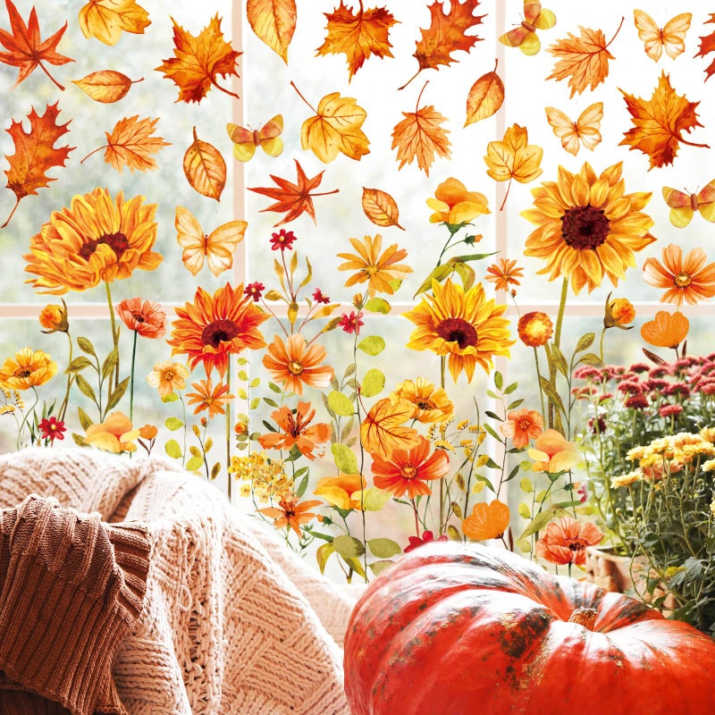 Whaline 6 Sheets Thanksgiving Fall Floral Window Clings Watercolor Maple Leaves Sunflowers Window Decals Double-Sided Window Stickers for Autumn Harvest Home School Office Party Supplies Gifts - Image 3