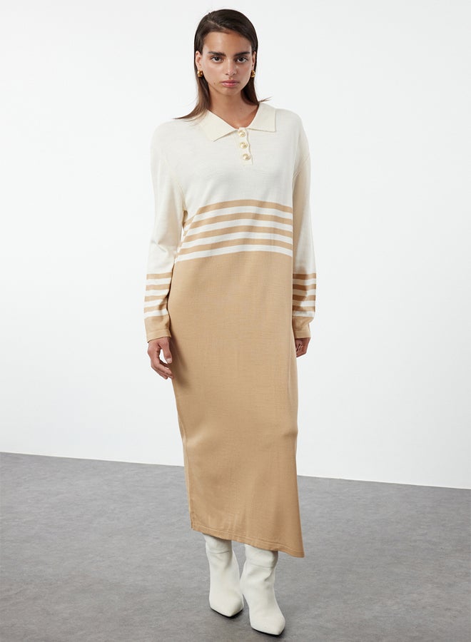 trendyol Brown Stone Buttoned Color Block Knit Dress - Image 1