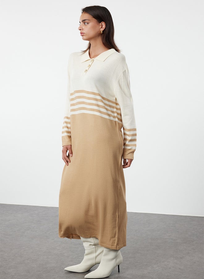 trendyol Brown Stone Buttoned Color Block Knit Dress - Image 2