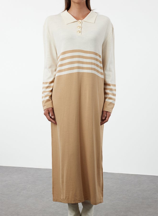 trendyol Brown Stone Buttoned Color Block Knit Dress - Image 4