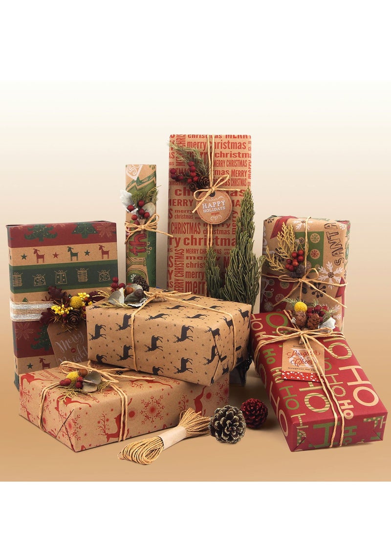 SINCHER - SINCHER 50 x 70 CM Wrapping Paper Set, 6 Sets of Kraft Vintage Wrapping Paper with String and Stickers for Birthday and Other Gift Wrapping (Holiday B) - Image 1