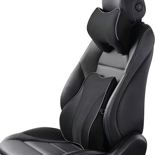 Ovyuzhen Lumbar Support and Car Neck Pillow for Office Chair and Car Seat ，Softness Memory Foam Erognomic Seat Cushion with Adjustable Strap，Comfortable Ergonomic Design (Black, Polyester) - Image 1