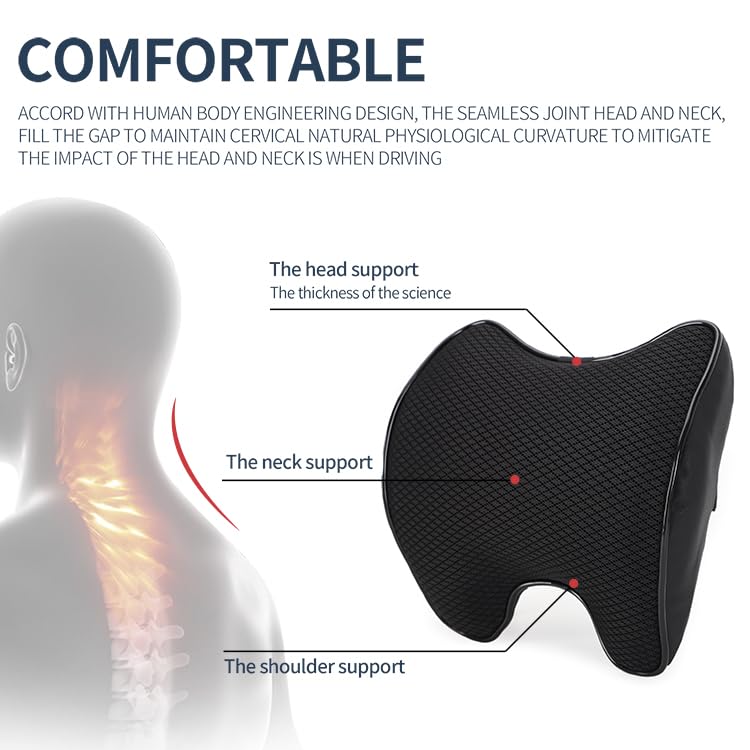 Ovyuzhen Lumbar Support and Car Neck Pillow for Office Chair and Car Seat ，Softness Memory Foam Erognomic Seat Cushion with Adjustable Strap，Comfortable Ergonomic Design (Black, Polyester) - Image 2