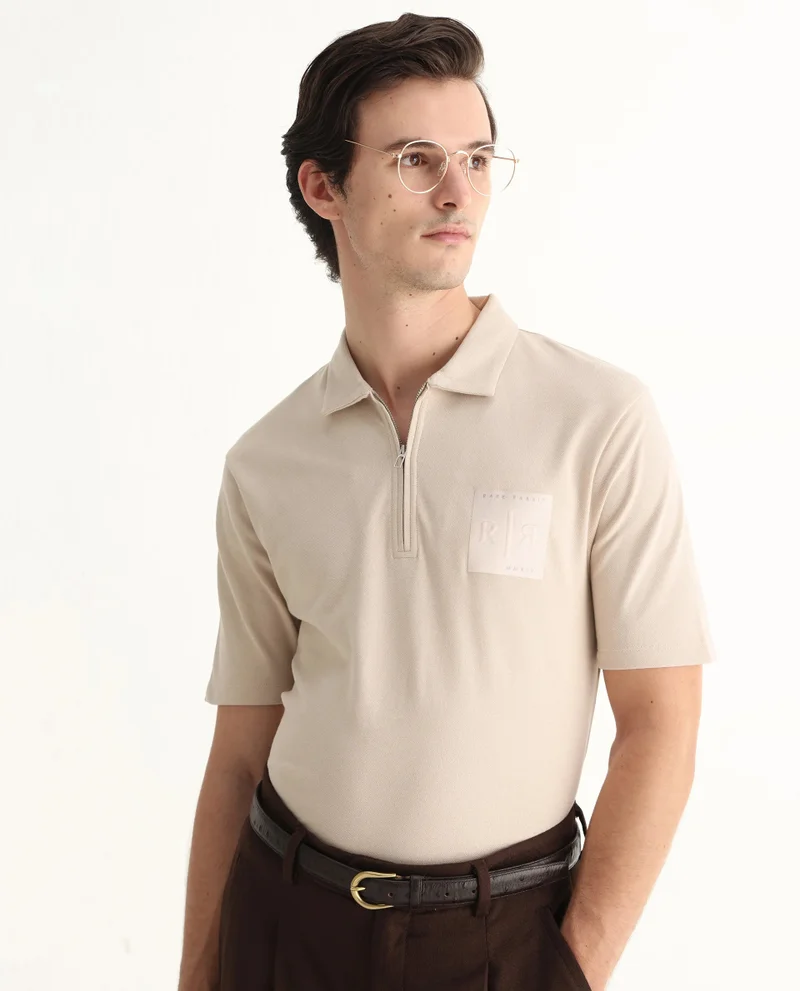 Rare Rabbit Rare Rabbit Men Berner Beige Cotton Lycra Fabric Short Sleeve Collared Neck Button Closure Graphic Print Polo