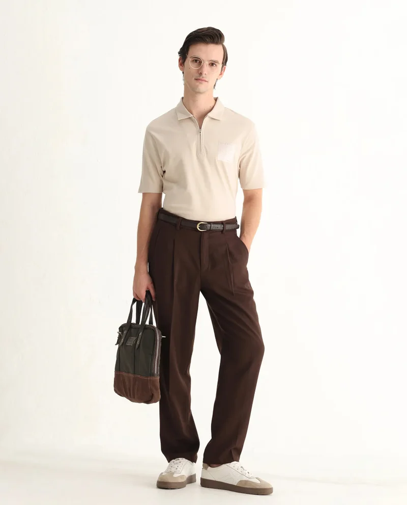 Rare Rabbit Rare Rabbit Men Berner Beige Cotton Lycra Fabric Short Sleeve Collared Neck Button Closure Graphic Print Polo