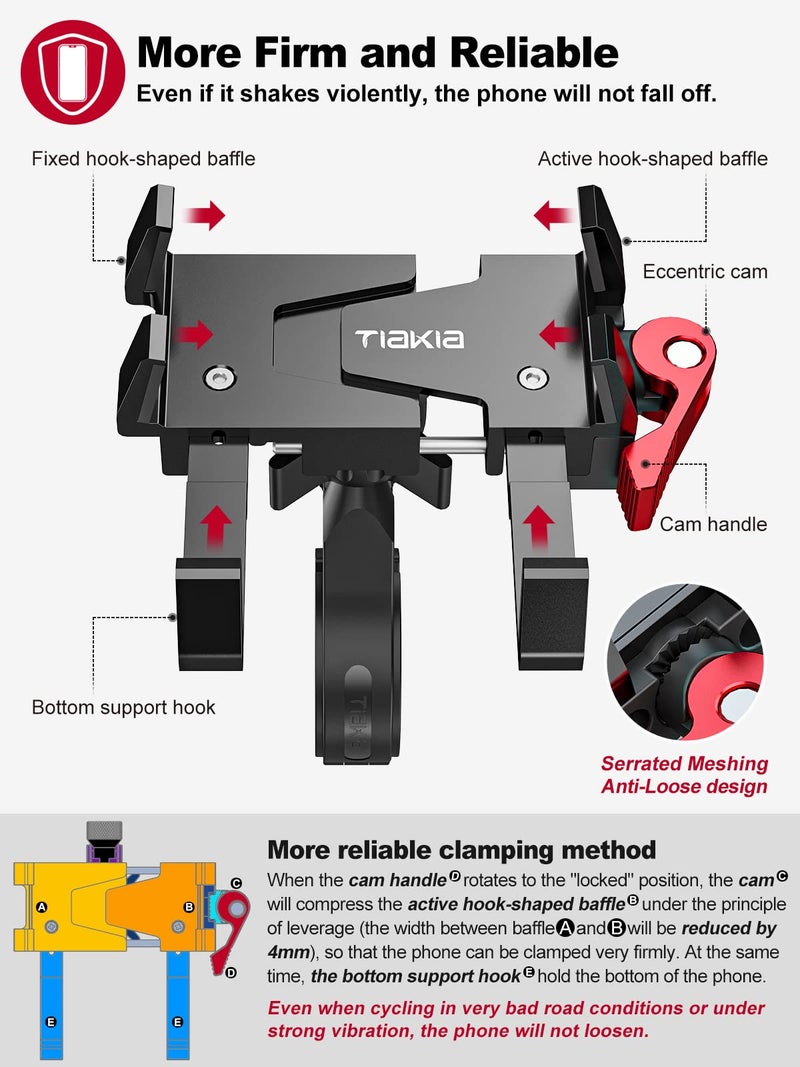 Tiakia Bike Phone Mount Holder, Aluminum Motorcycle Phone Mount, Handlebar Mounted Cell Phone Holder for Bike, 360Â° Rotation, Universal Bicycle Phone Mount for 4.5-7 Inch Phones - Image 4