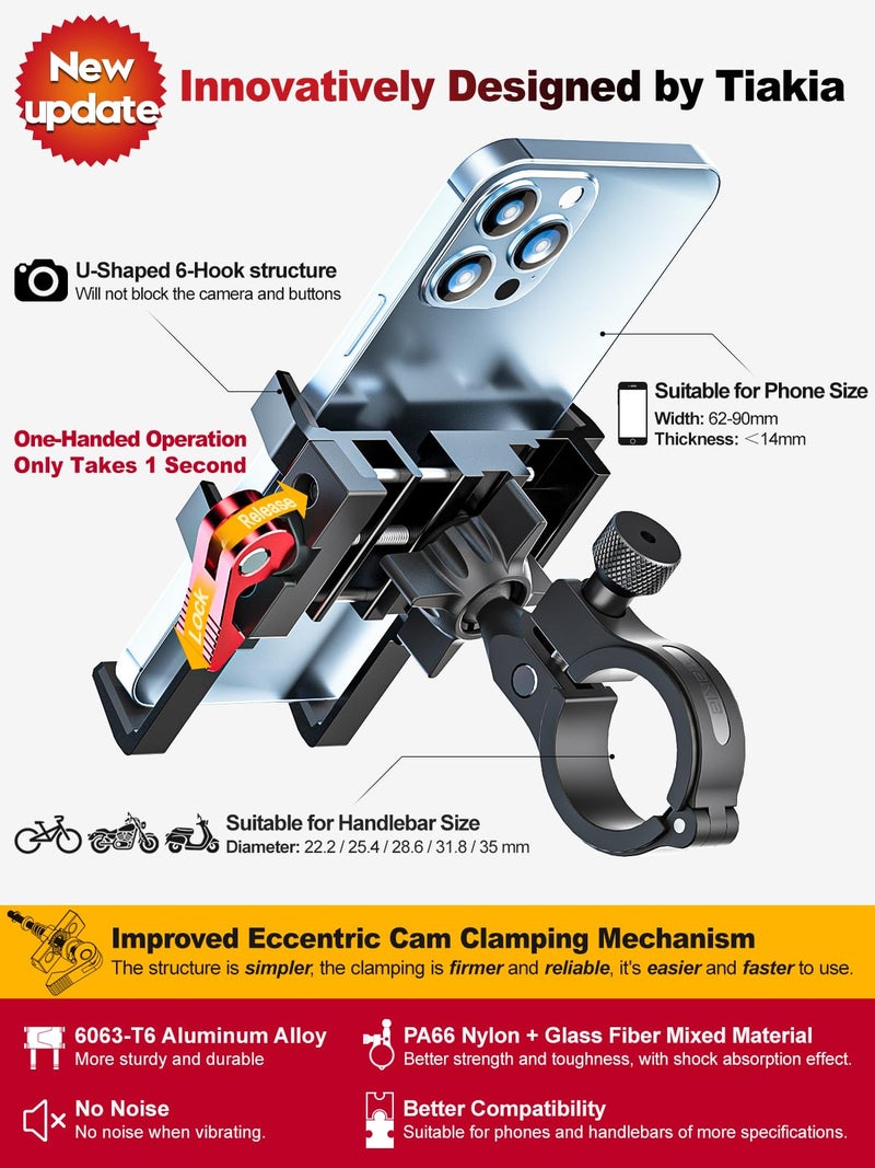 Tiakia Bike Phone Mount Holder, Aluminum Motorcycle Phone Mount, Handlebar Mounted Cell Phone Holder for Bike, 360Â° Rotation, Universal Bicycle Phone Mount for 4.5-7 Inch Phones - Image 2