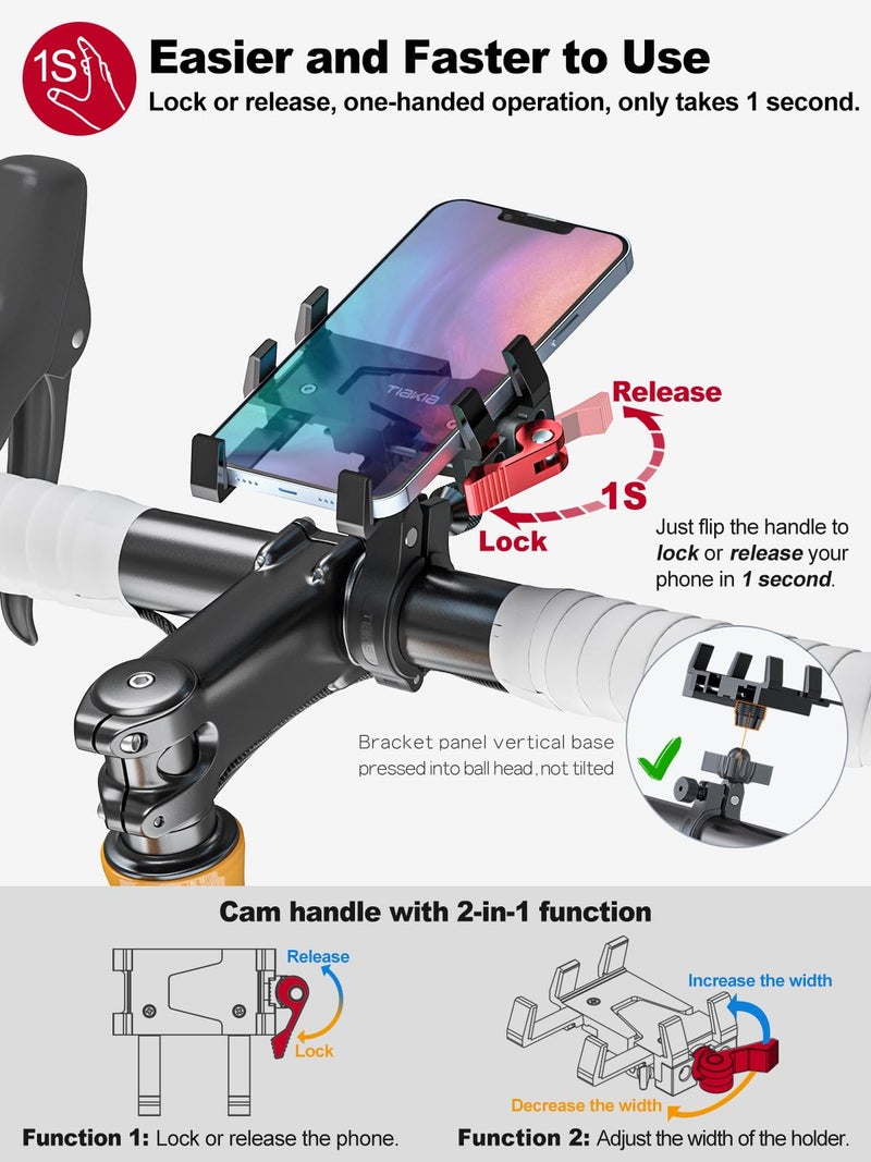 Tiakia Bike Phone Mount Holder, Aluminum Motorcycle Phone Mount, Handlebar Mounted Cell Phone Holder for Bike, 360Â° Rotation, Universal Bicycle Phone Mount for 4.5-7 Inch Phones - Image 3