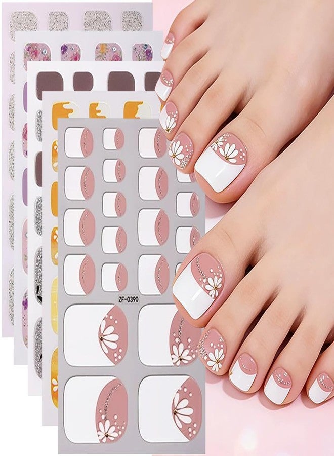 UCCASA Toe Full Nail Wraps Gel Nail Stickers, 5Pcs Glitter Floral Nail Full Wrap Full Cover Toenail Strips Wraps French Floral Butterfly Self-Adhesive Toe Nail Decals for Women Manicure Accessories Decor - Image 1
