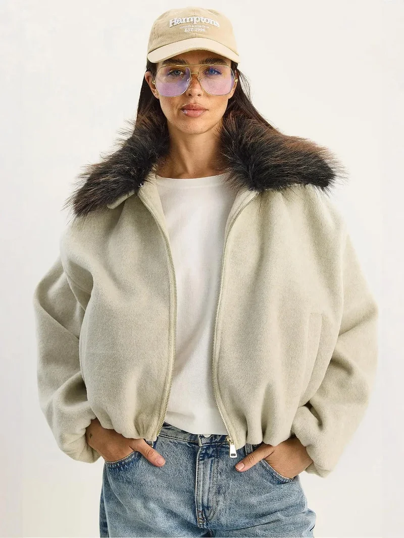 LUCCI Oversized Zipper Jacket with Fur Collar