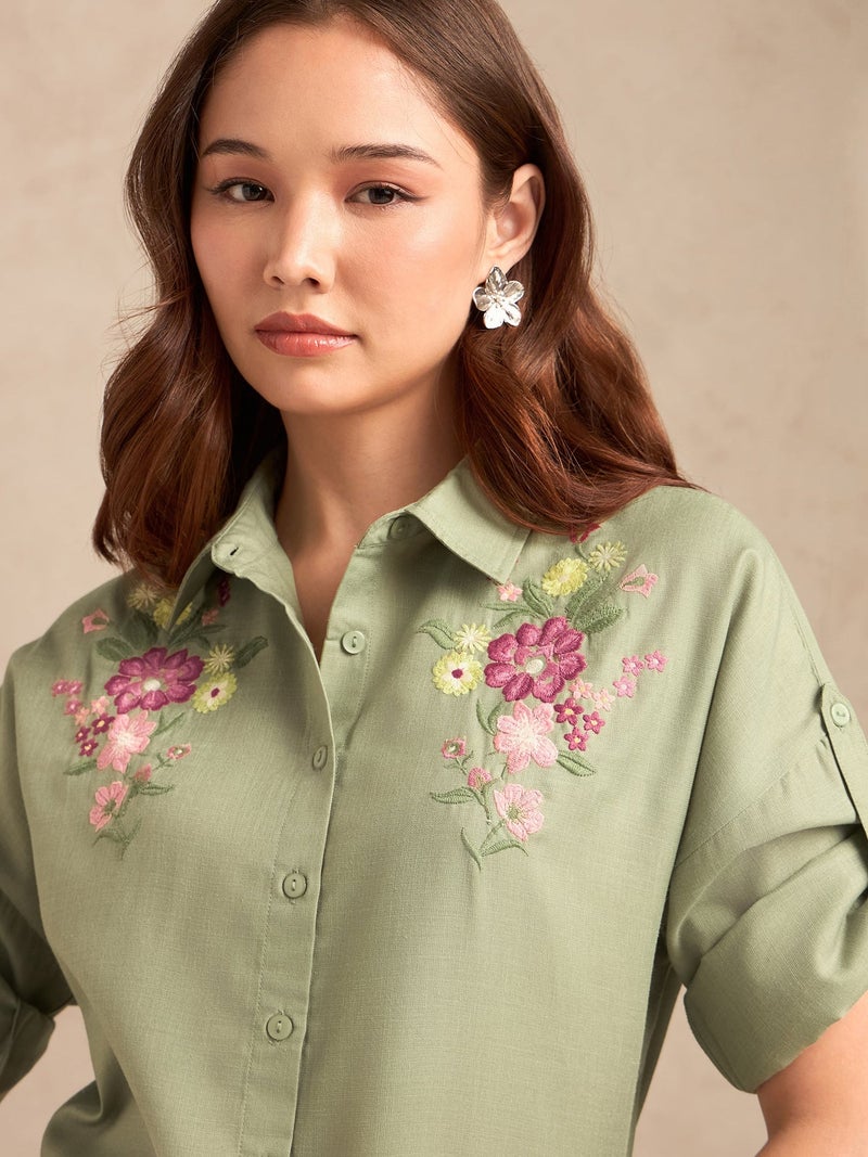 OUTZIDR Green Floral Embroidered Shirt With Drop Shoulder - Image 2