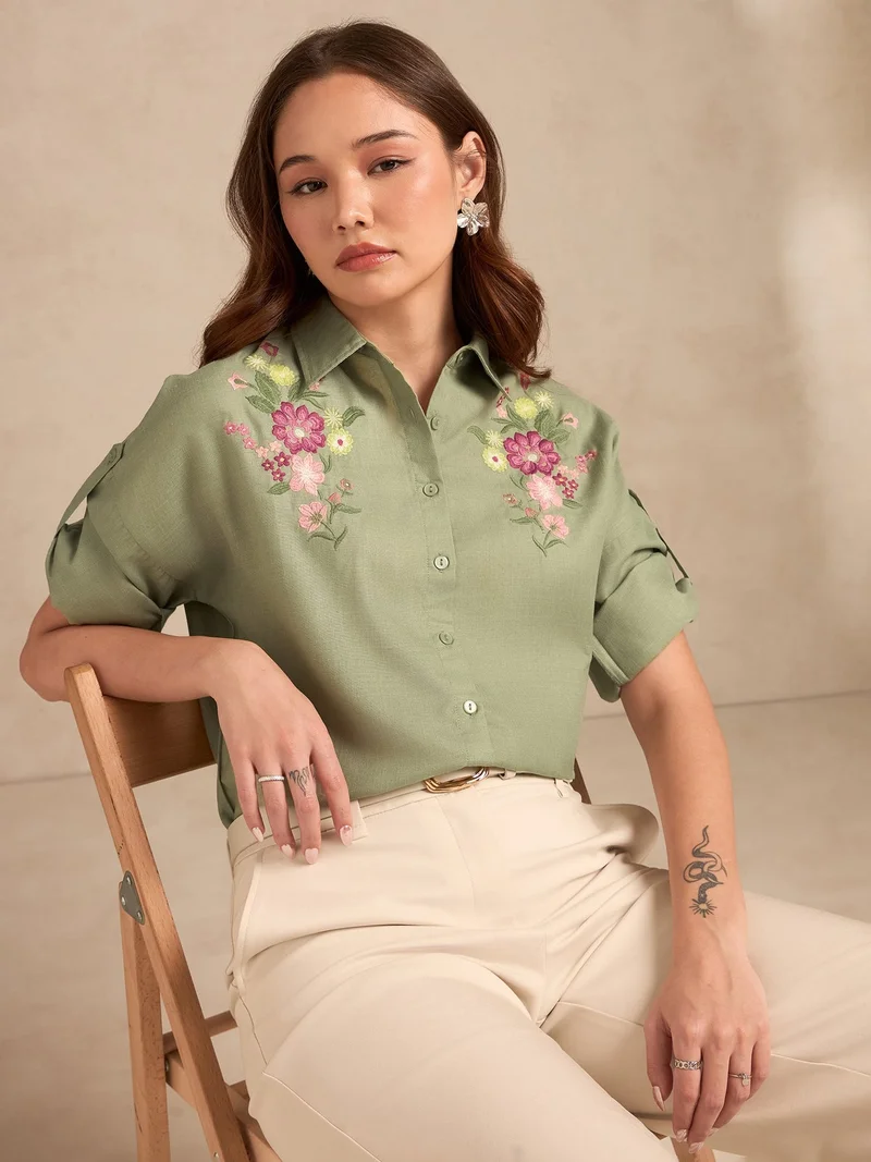 Outzidr  Green Floral Embroidered Shirt With Drop Shoulder for Women | Best Price UAE