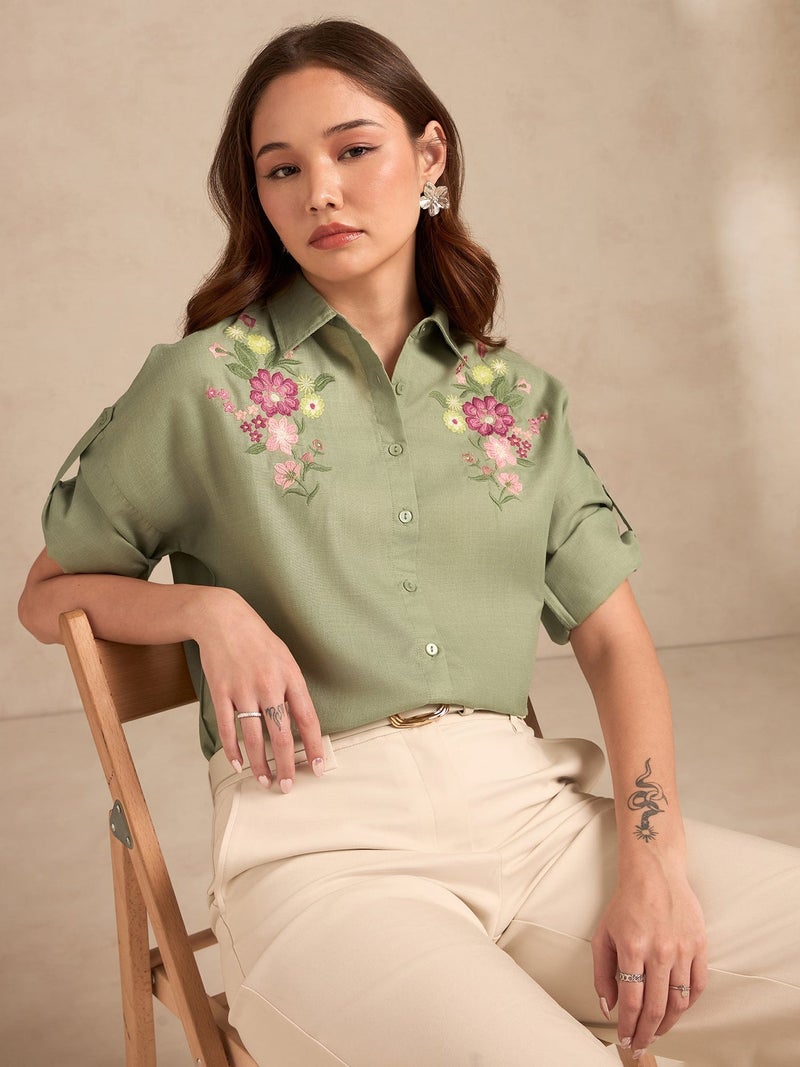 OUTZIDR Green Floral Embroidered Shirt With Drop Shoulder - Image 3
