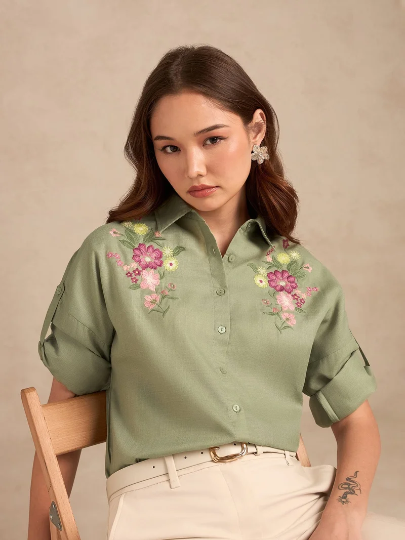 Outzidr  Green Floral Embroidered Shirt With Drop Shoulder for Women | Best Price UAE