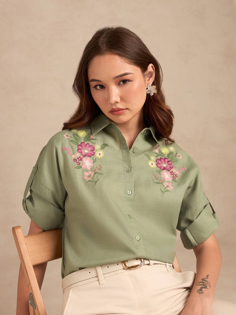 OUTZIDR Green Floral Embroidered Shirt With Drop Shoulder - Image 5