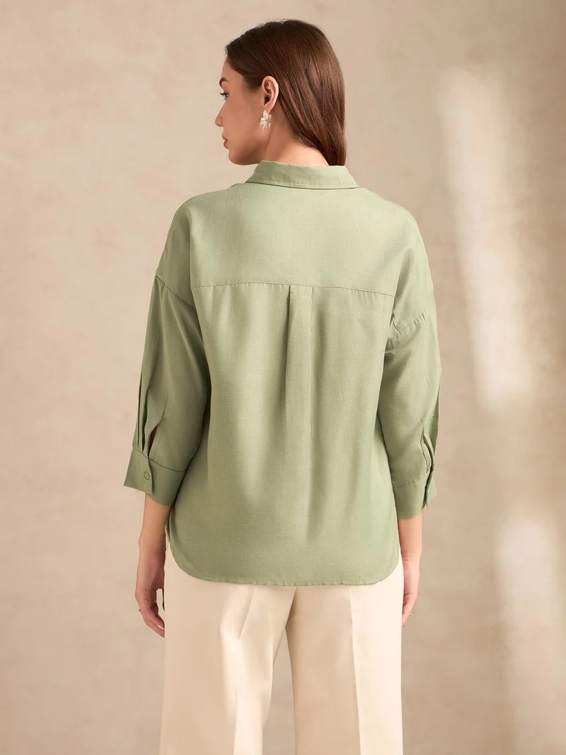 Outzidr  Green Floral Embroidered Shirt With Drop Shoulder for Women | Best Price UAE