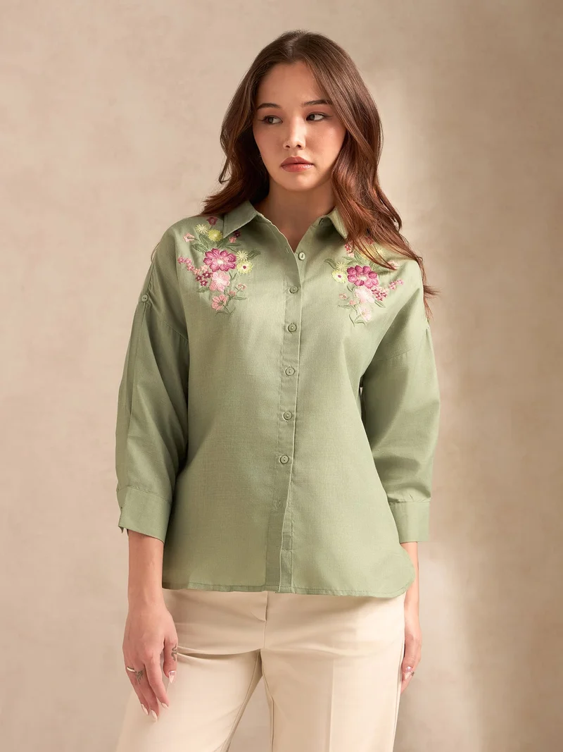 Outzidr  Green Floral Embroidered Shirt With Drop Shoulder for Women | Best Price UAE