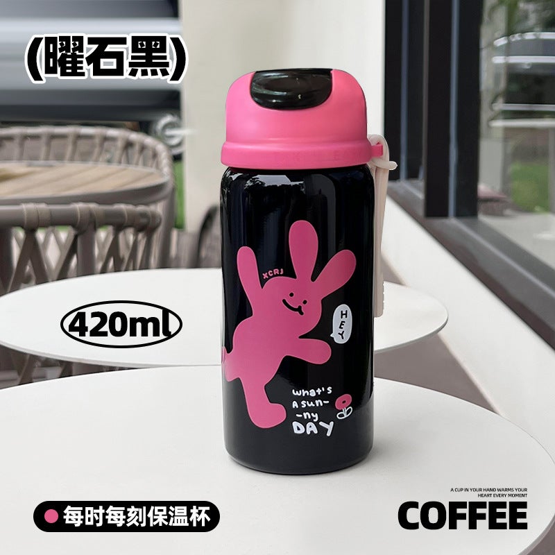 Simple school thermos cup student special portable straw cup cartoon cute small stainless steel cup wholesale X-213W black