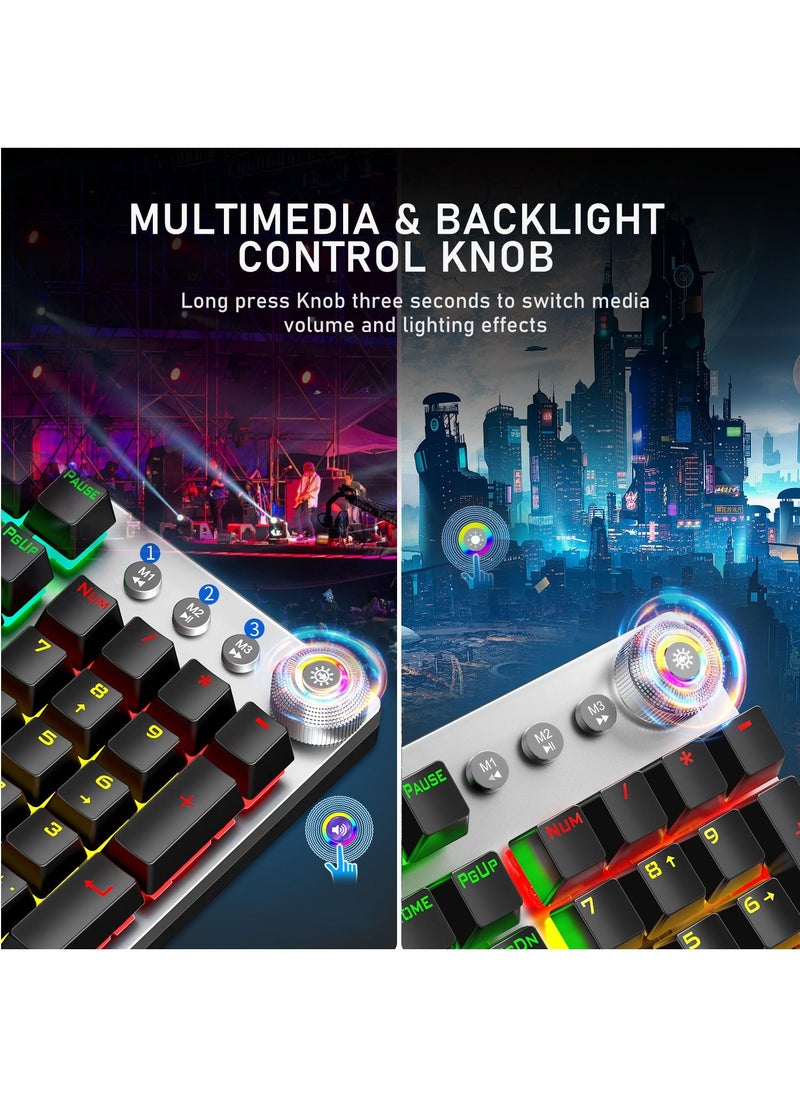 Mechanical Gaming Keyboard NKRO with Wrist Rest RGB Backlit Volume/Lighting Control Knob Fully Programmable 108-Keys Anti-Ghosting Wired Computer Keyboards for Office/Games, Brown Switch