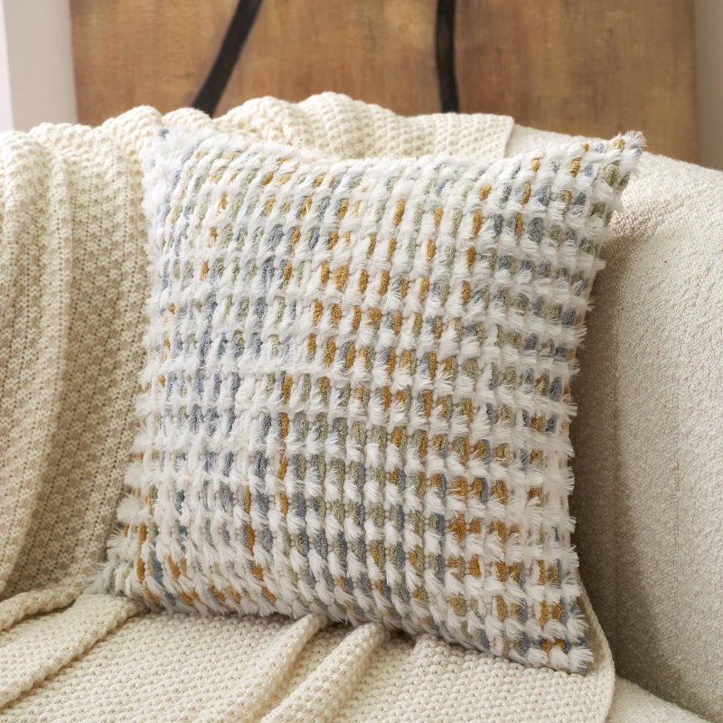 Aeckself Boho Chenille Tufted Pillow Cover 18x18 Inch, Decorative Square Throw Pillow Cover Neutral Pillowcase for Couch Bedroom Living Room, Yellow White - Image 1