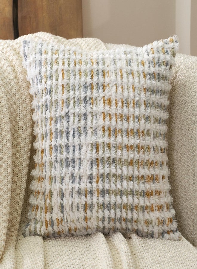 Aeckself Boho Chenille Tufted Pillow Cover 18x18 Inch, Decorative Square Throw Pillow Cover Neutral Pillowcase for Couch Bedroom Living Room, Yellow White - Image 2