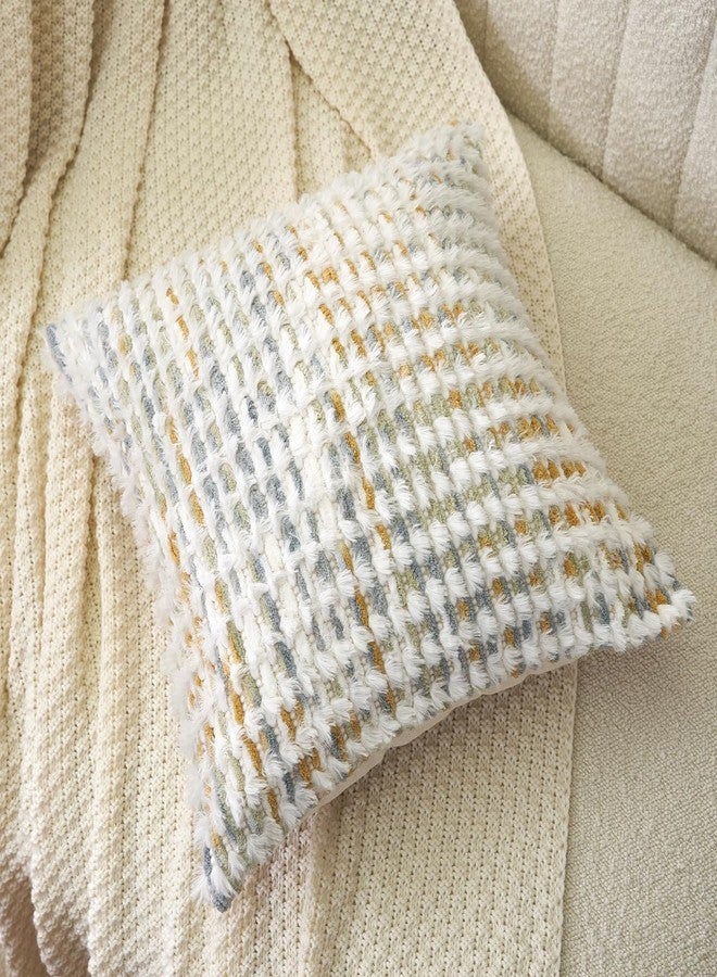 Aeckself Boho Chenille Tufted Pillow Cover 18x18 Inch, Decorative Square Throw Pillow Cover Neutral Pillowcase for Couch Bedroom Living Room, Yellow White - Image 3