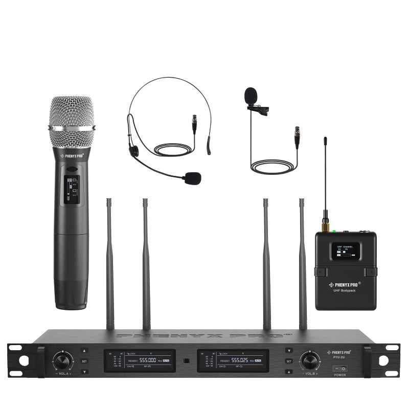 Phenyx Pro Wireless Microphone System True Diversity Dual Cordless Microphone Set wUHF HandheldBodypackHeadsetLapel Mics Auto Scan 2x1000 Channels for Stage Studio PTU2U1H1B