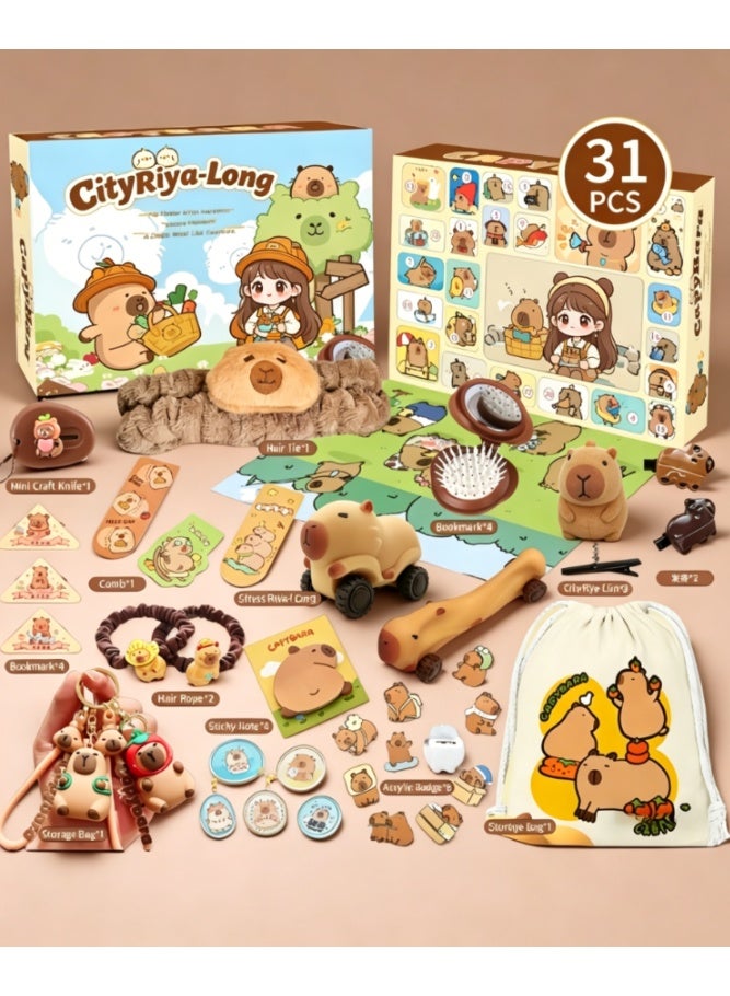 CityRiya-Long Capybara Themed Surprise Box 31PCS, Cute Kawaii Capybara Toys and Accessories Set, Merchandise Collectible Gift Box Blind with Fidget Toys, Stationery, Hair Accessories, Perfect Birthday and Holiday Gift for Kids (ST-46) - Image 1