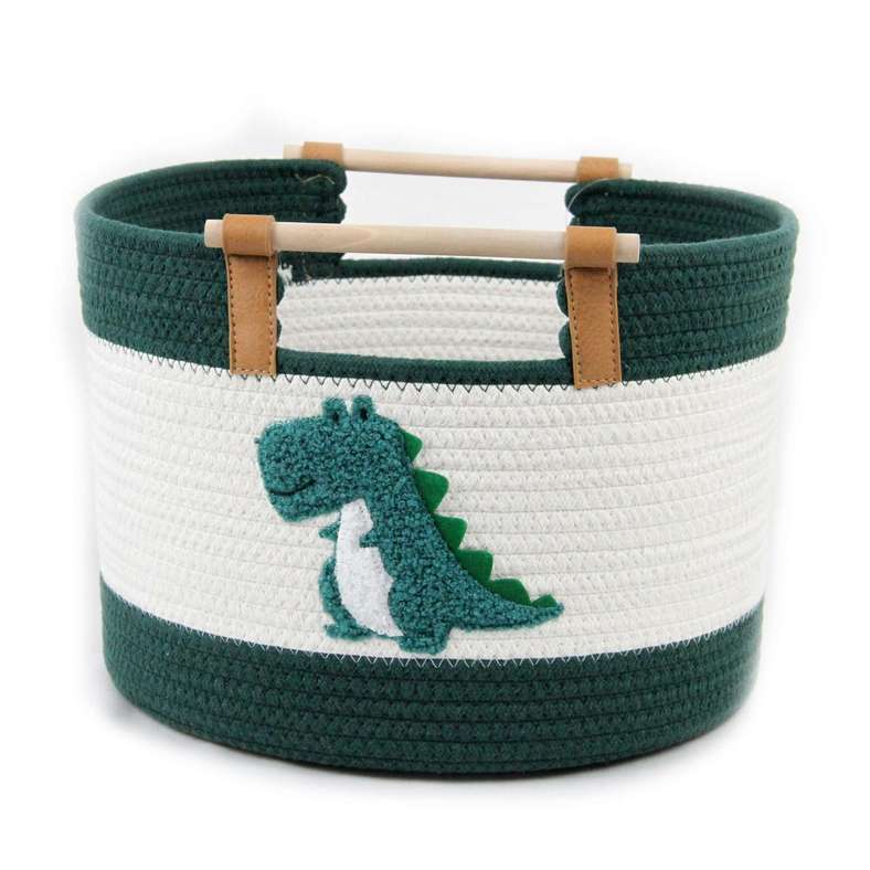 Pan Home Dino Squad Cotton Rope Storage Basket with Wooden Handle 40x40x26cm - White /Green