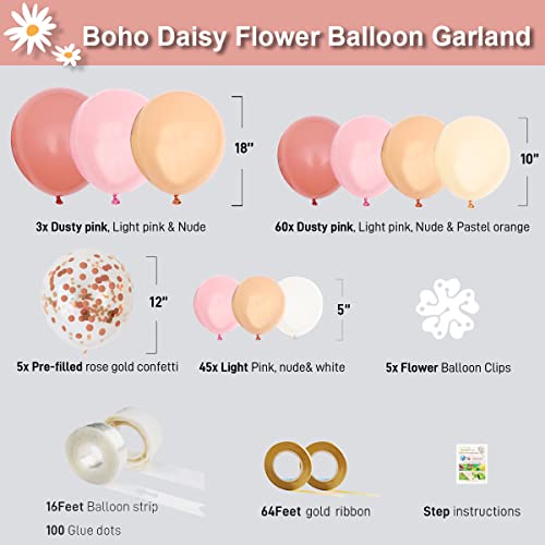 Haptda Boho Daisy Balloon Garland Retro Dusty Pink Blush Nude Light Pink Pastel Orange White Balloons Rose Gold Confetti Balloon Arch Kit for Baby Shower Wedding Birthday Party Decorations - Image 3