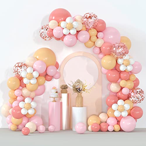 Haptda Boho Daisy Balloon Garland Retro Dusty Pink Blush Nude Light Pink Pastel Orange White Balloons Rose Gold Confetti Balloon Arch Kit for Baby Shower Wedding Birthday Party Decorations - Image 1