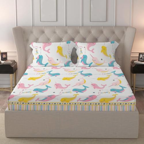 LOOMLYFE 300 TC Kids Cotton Feel Wrinkle Free Soft Hypoallergenic King Size Bedsheet Doube Bed with 2 Pillow Cover Size - 90x95 inches, Design - OceanWhale - Image 1
