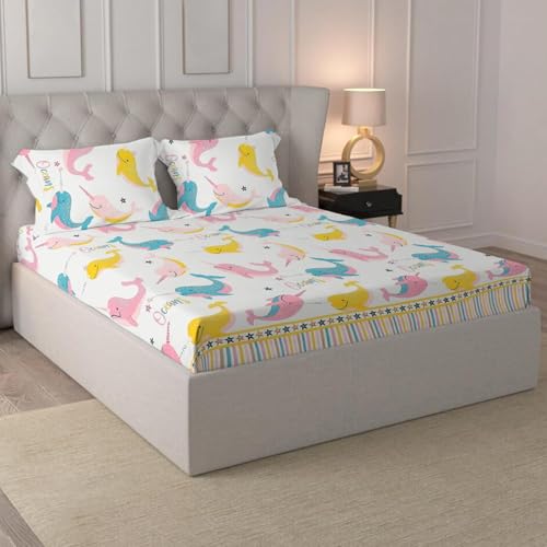 LOOMLYFE 300 TC Kids Cotton Feel Wrinkle Free Soft Hypoallergenic King Size Bedsheet Doube Bed with 2 Pillow Cover Size - 90x95 inches, Design - OceanWhale - Image 2