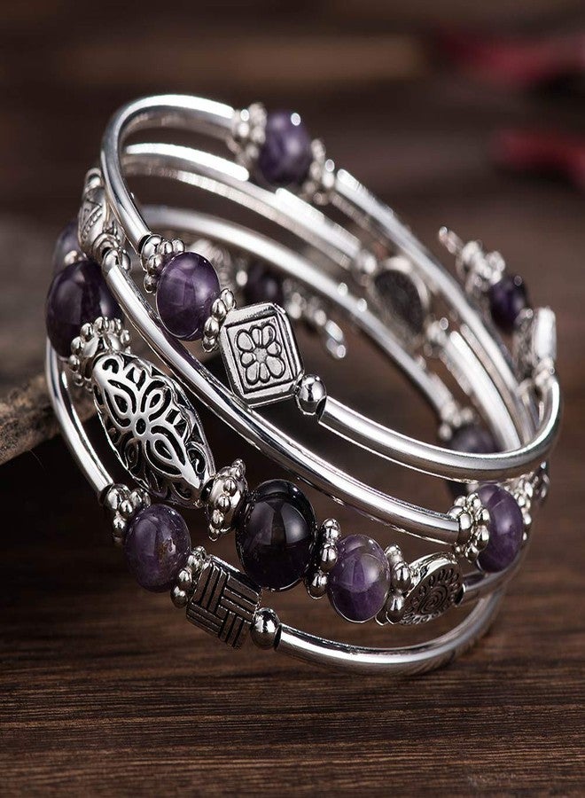 BULINLIN Layered Wrap Bangle Turquoise Bracelet - Bead Bracelet with Natural Agate Stone, Gifts For Women (02-Purple) - Image 3