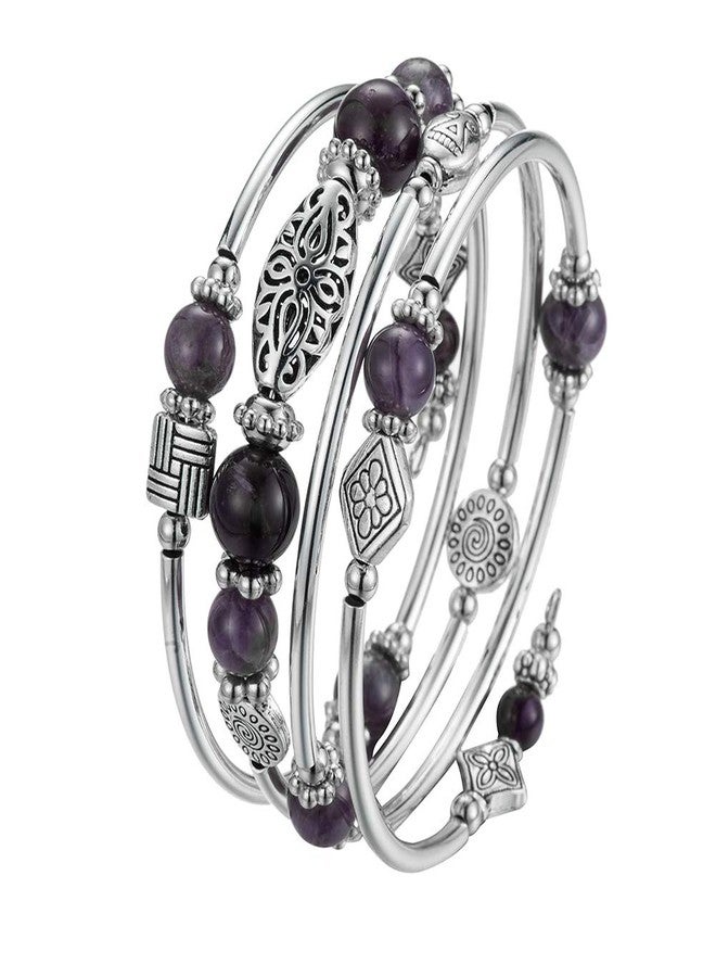 BULINLIN Layered Wrap Bangle Turquoise Bracelet - Bead Bracelet with Natural Agate Stone, Gifts For Women (02-Purple) - Image 4