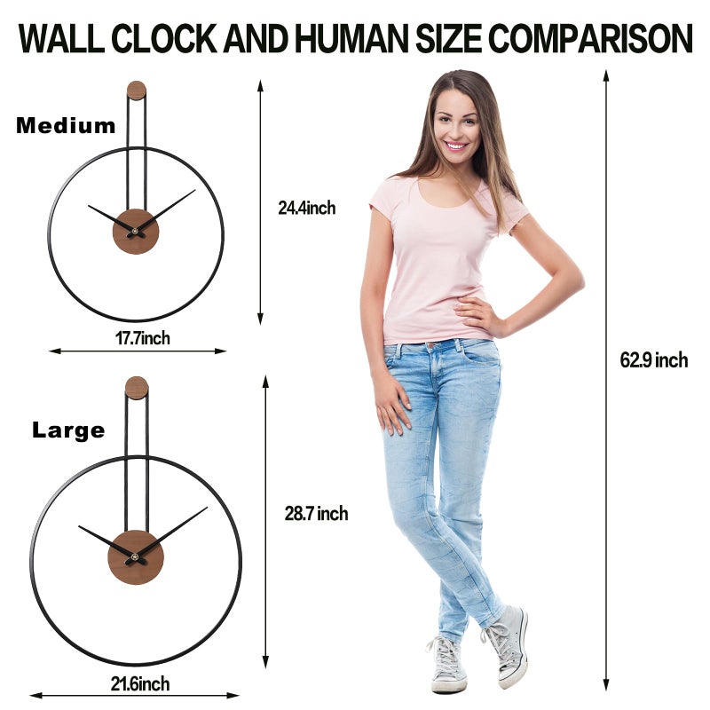 YISITEONE Medium Decorative Wall Clock for Living Room,Metal & Walnut Dial Home Decor Silent Non Ticking Lightweight Clocks for Bedroom, Study, Office Decorations, 24.4" X 17.7",Black - Image 2