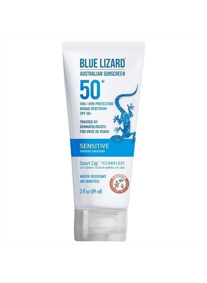 BLUE LIZARD Blue Lizard SENSITIVE Mineral Sunscreen with Zinc Oxide, SPF 50+, Water Resistant, UVA/UVB Protection with Smart Cap Technology - Fragrance Free, 3 oz. Tube  - Image 1