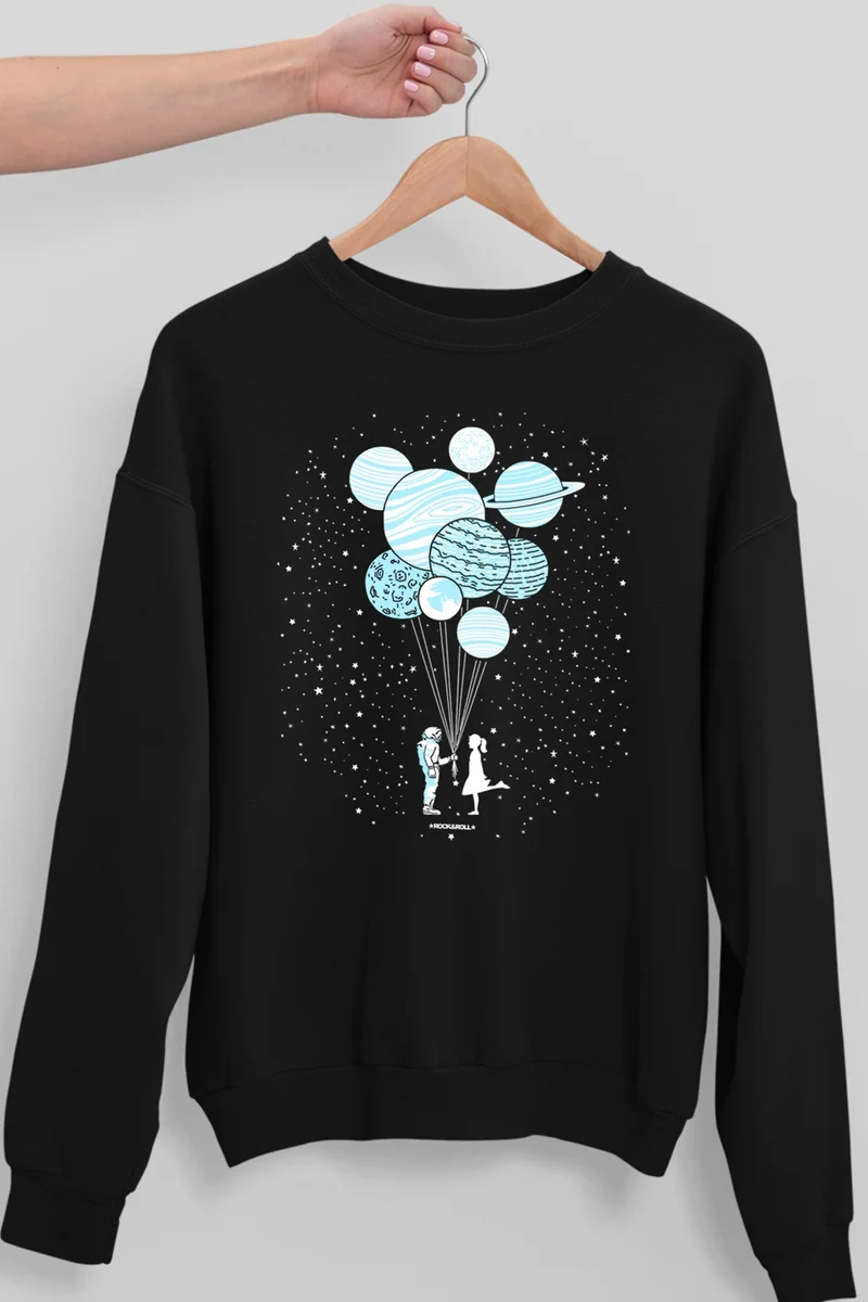 روك اند رول Balloon Planets Black Oversize Crew Neck Thick Women's Sweatshirt