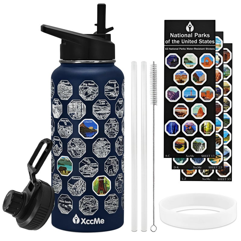 XccMe National Parks Water Bottle with Stickers32 oz Stainless Steel Insulated Water Bottle with Straw2 LidsLeak Proof Metal Water Cup for HikingTravelSportsCampingWide Mouth Bottle