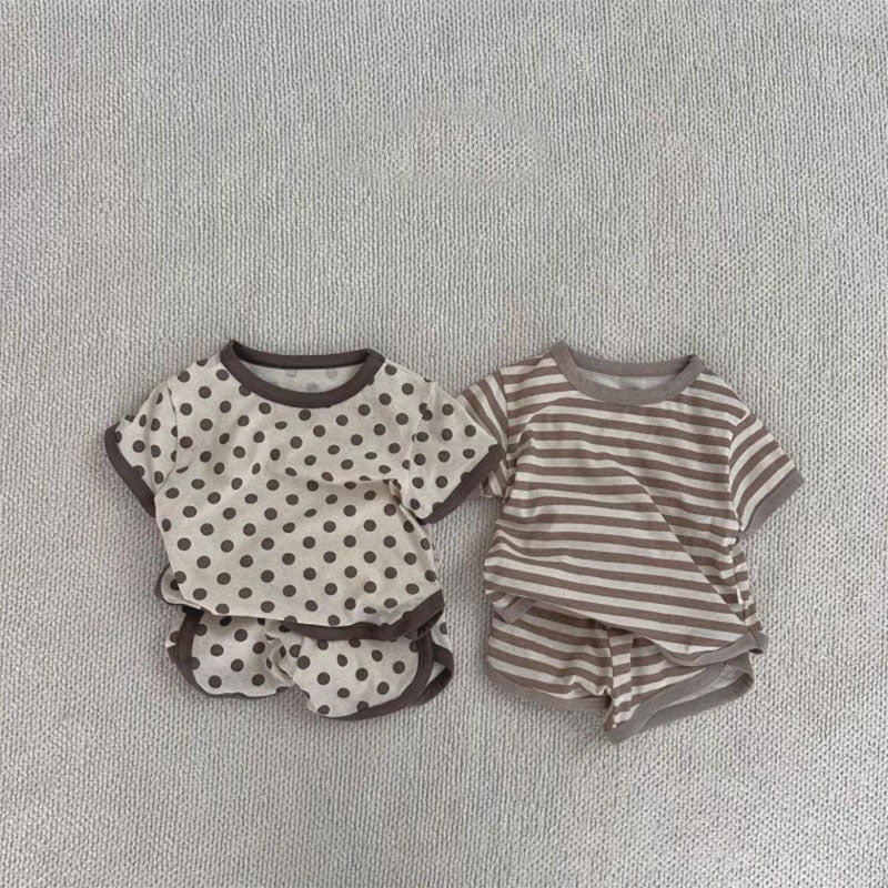 Korean Style Ins Western Style Wave Dot Striped Crewneck Shorts Summer Casual Suit For Boys And Girls Baby Walking Out All-Match - Image 2